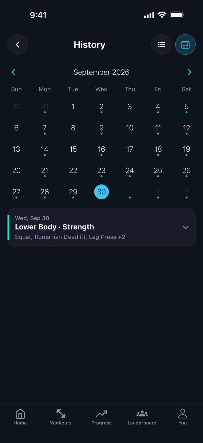 Gymr workout calendar with completed sessions and a lower body workout