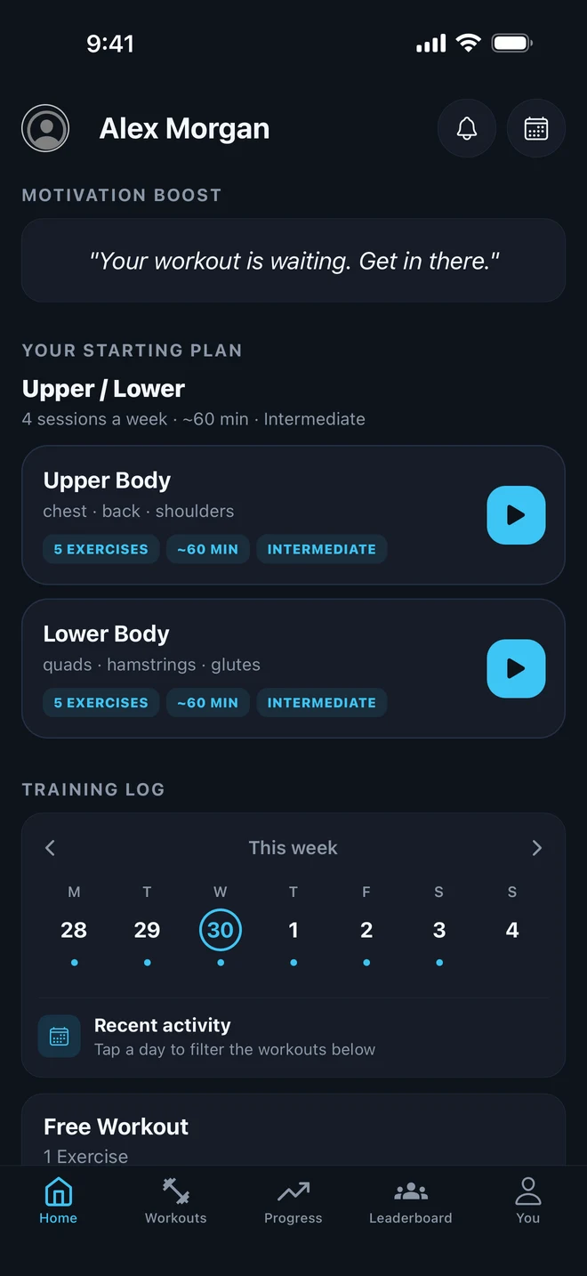 Gymr home screen with an Upper / Lower starting plan and weekly training log